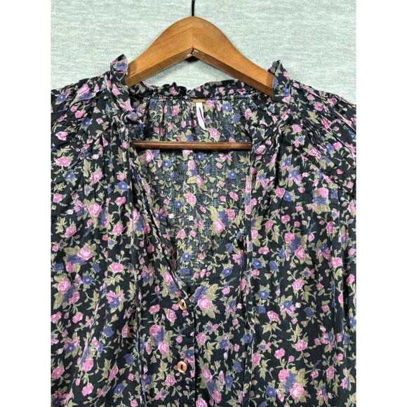 Free People Meant to Be Blouse M Black Floral Puff Boho Romantic - Picture 3 of 6